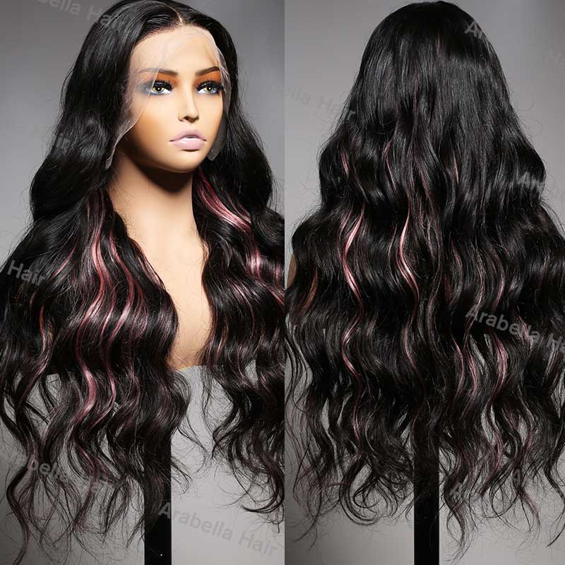 Peekaboo Highlight Pink Highlight Colored Wig Body Wave 13x4 Lace Front Wigs Human Hair Wig