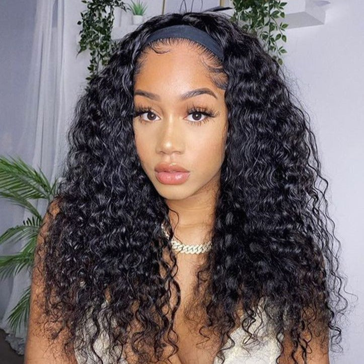 26" Deep Wave Glueless Headband Wig Natural Black Human Hair Wig