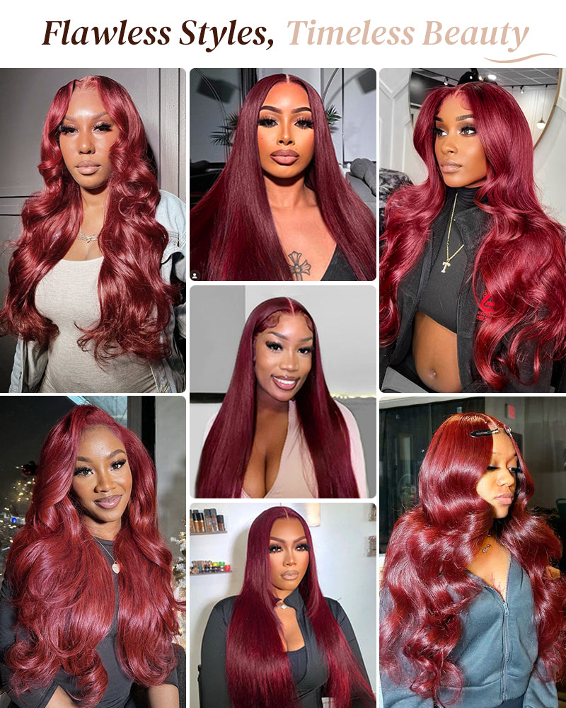 【$299 = 2 WIGS】Arabella 6x5/13x4 Lace Glueless Burgundy 99J Straight Wig Pre-cut Lace Beginner Friendly