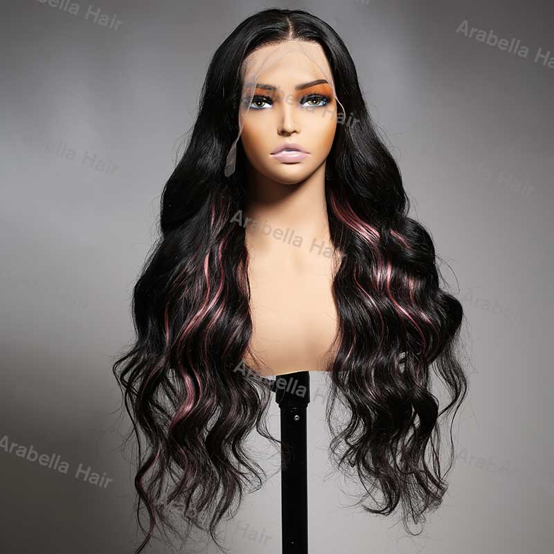 Peekaboo Highlight Pink Highlight Colored Wig Body Wave 13x4 Lace Front Wigs Human Hair Wig