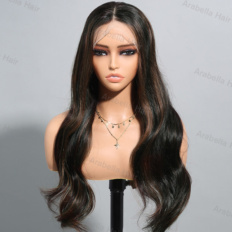 Brown Highlight Color Pre-Cut 13x4 Glueless Lace Front Natural Black Wear&Go Upgrade HD Lace Body Wave Human Hair Wig Beginner-Friendly