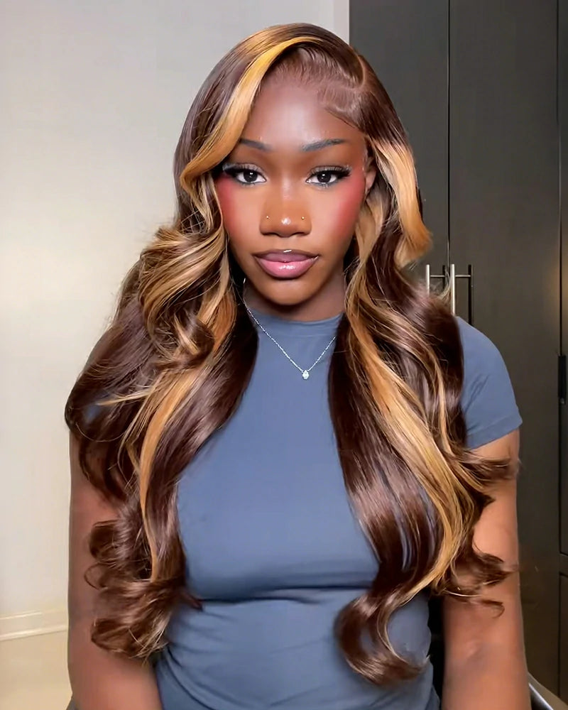 Arabella 13x6 Three-Go™ Chocolate Brown Skunk Stripe Glueless Wig Body Wave With Drawstring 100% Human Hair Wig