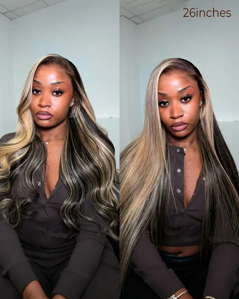 Side-by-side image comparing curly and straight styles on human hair wigs for versatile looks.