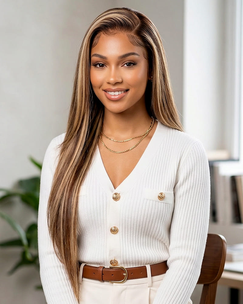 Arabella 13x6 Three-Go™ Glueless Wig Silky Straight With Drawstring Honey Blonde Highlight on Brown Wig 100% Human Hair Wig
