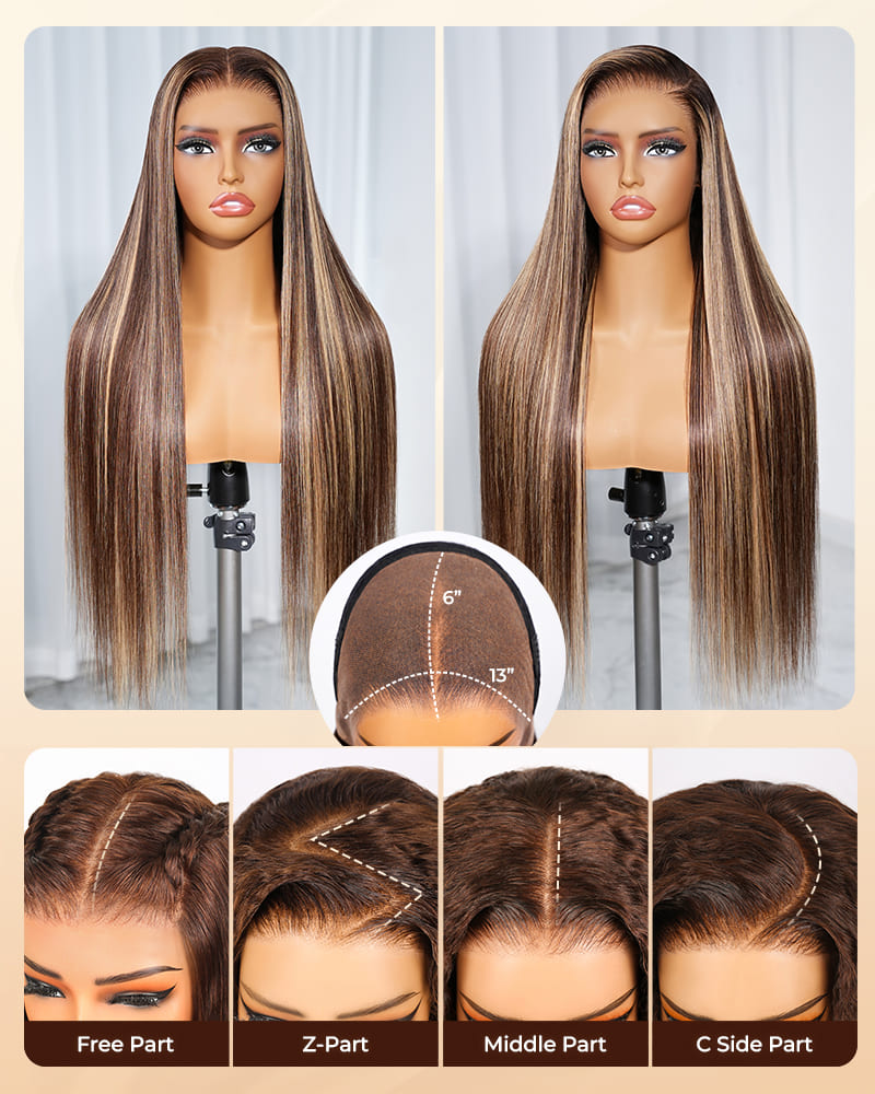Arabella 13x6 Three-Go™ Glueless Wig Silky Straight With Drawstring Honey Blonde Highlight on Brown Wig 100% Human Hair Wig
