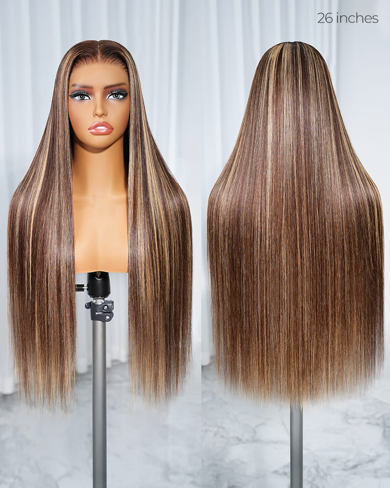 Arabella 13x6 Three-Go™ Glueless Wig Silky Straight With Drawstring Honey Blonde Highlight on Brown Wig 100% Human Hair Wig