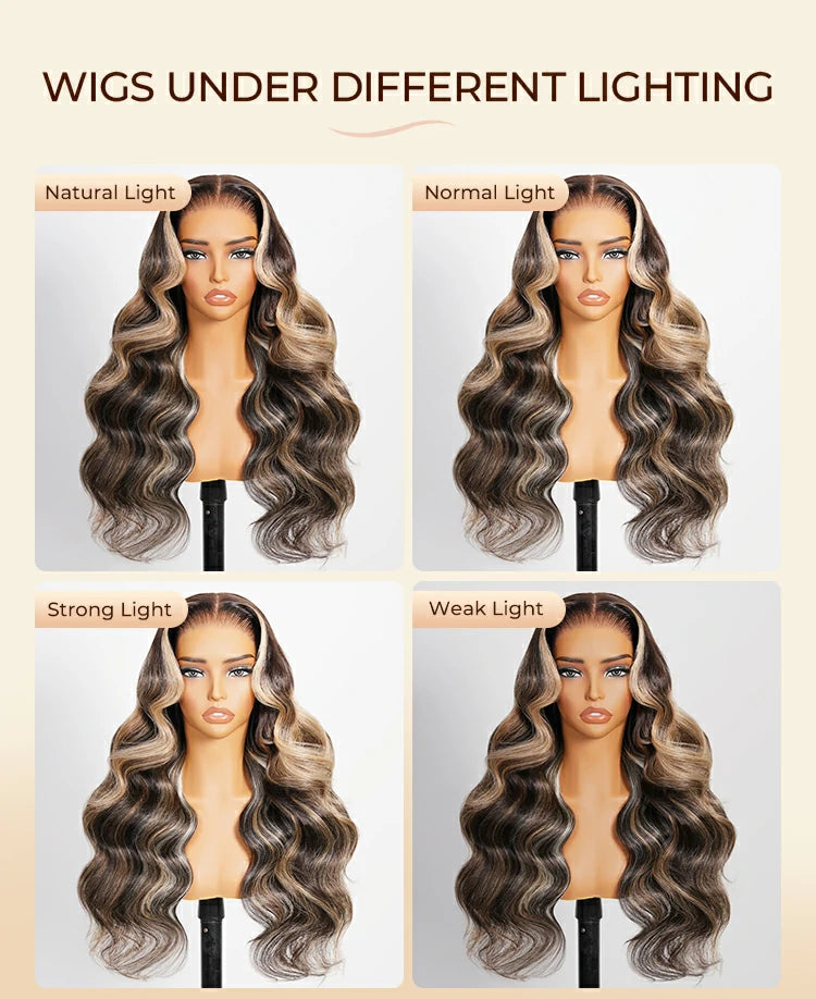 Arabella Hair wigs under different lighting to showcase platinum blonde ombre color and shine.
