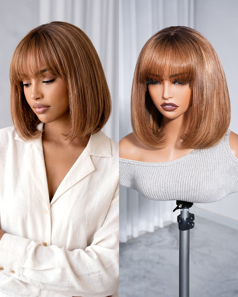 Arabella 6x6 Lace T Part Straight Bob Wig Ombre Highlight Honey Blonde with Bangs Glueless Beginner Friendly