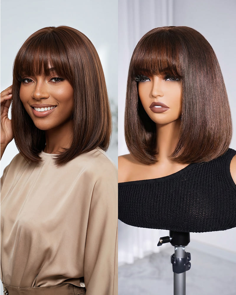 Arabella 6x6 Lace Straight Bob Wig With Bangs Chocolate  display picture 1
