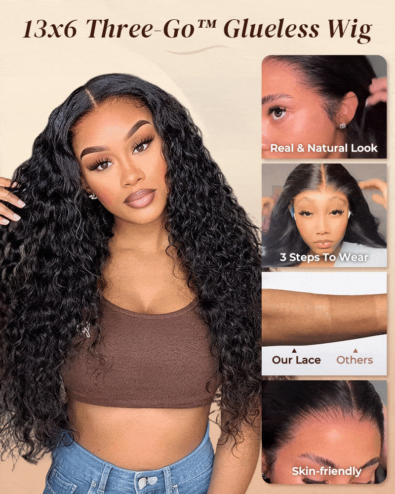 【VIP Offer】Arabella 13x6 Three-Go™ Glueless Wig Water Wave With Drawstring Natural Black 100% Human Hair Wig