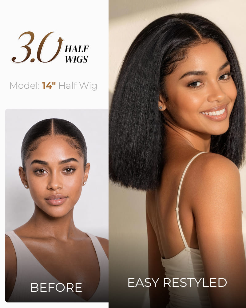 Arabella 3 In 1 Half Wig 250% Density Yaki Straight Bob Wig Invisible Drawstring Natural Black Endless Styles No Glue No Lace Install