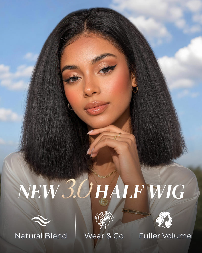 Arabella 3 In 1 Half Wig 250% Density Yaki Straight Bob Wig Invisible Drawstring Natural Black Endless Styles No Glue No Lace Install