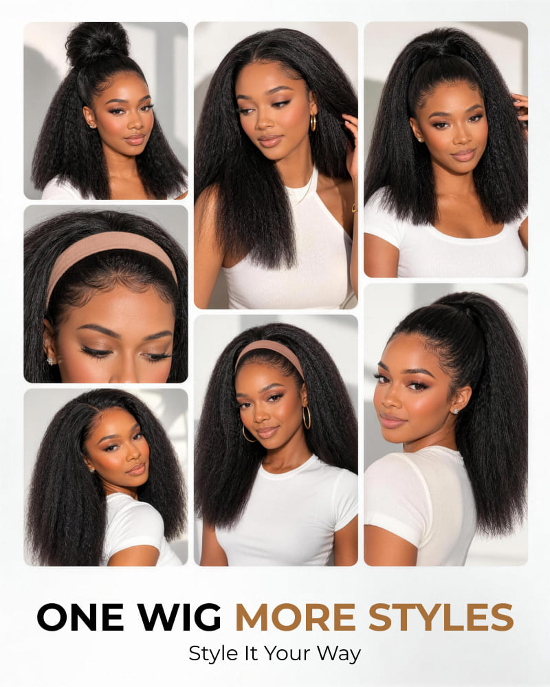 Arabella 3 In 1 Half Wig 250% Density Yaki Straight Bob Wig Invisible Drawstring Natural Black Endless Styles No Glue No Lace Install