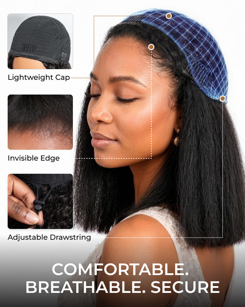 Arabella 3 In 1 Half Wig 250% Density Yaki Straight Bob Wig Invisible Drawstring Natural Black Endless Styles No Glue No Lace Install