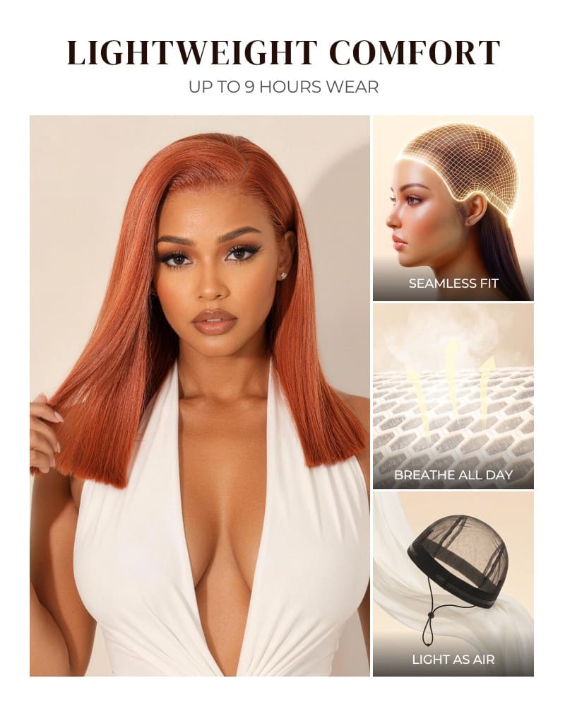Arabella 6x5 Invisible Knots Glueless Ginger Brown Straight Bob Wig Pre-cut Lace Beginner Friendly