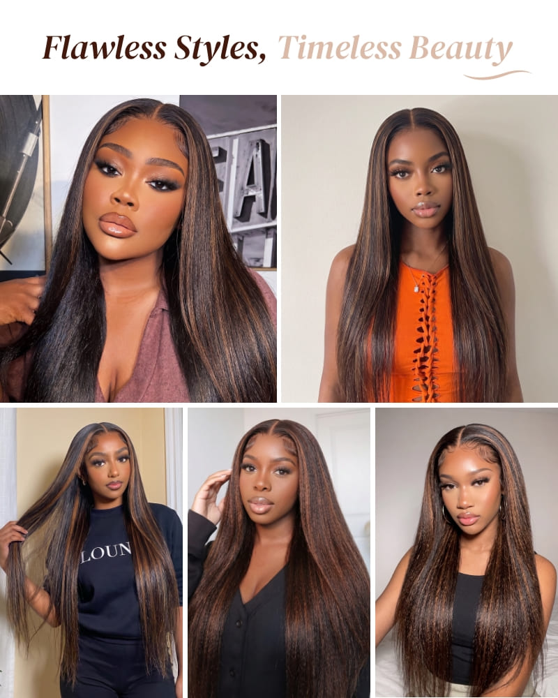 Arabella 6x5 invisible knots Glueless Auburn Highlights on Black Hair Body Wave Wig Invisible Knots Realistic Hairline