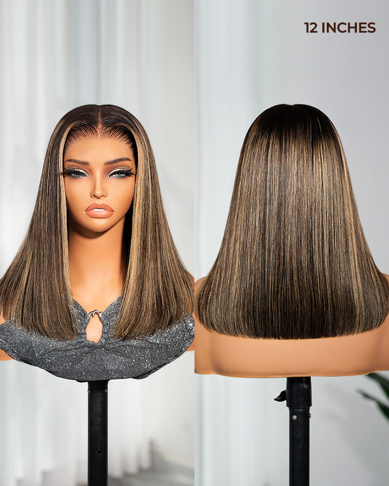 【BOGO】Arabella 13x6 Three-Go™ 250% High Density Ombre Platinum Blonde Balayage Highlights Old Money Bob Glueless Wig Straight Bob Wig With Drawstring