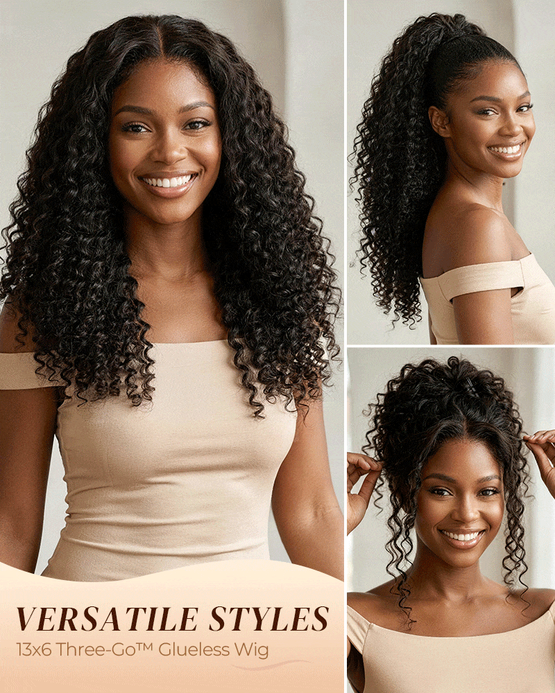 Arabella 13x6 Three-Go™ Natural Black Glueless Wig Jerry Curly with Burmese Curly With Drawstring 100% Human Hair Wig