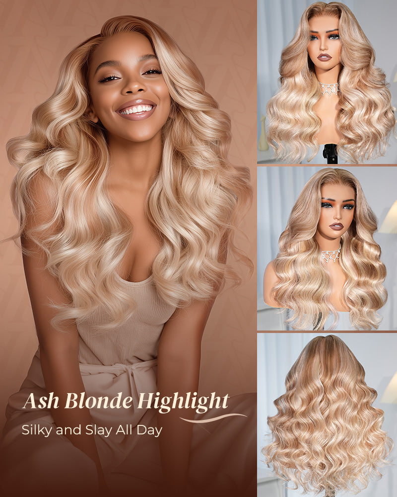 000Arabella 13x6 Three-Go™ Ash Blonde Highlight Glueless Wig Loose Body Wave With Drawstring 100% Human Hair Wig