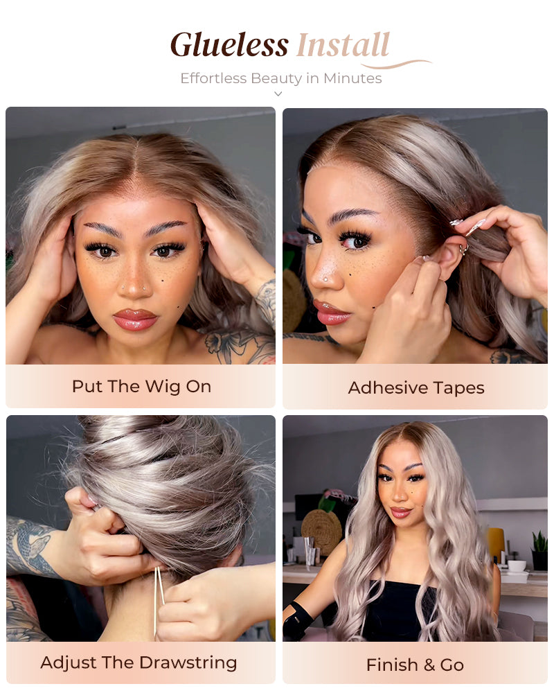 Arabella 13x6 Pre-All Glueless Ash Blonde Ombre Loose Body Wave/Silky Straight Wig Invisible Knots Realistic Hairline