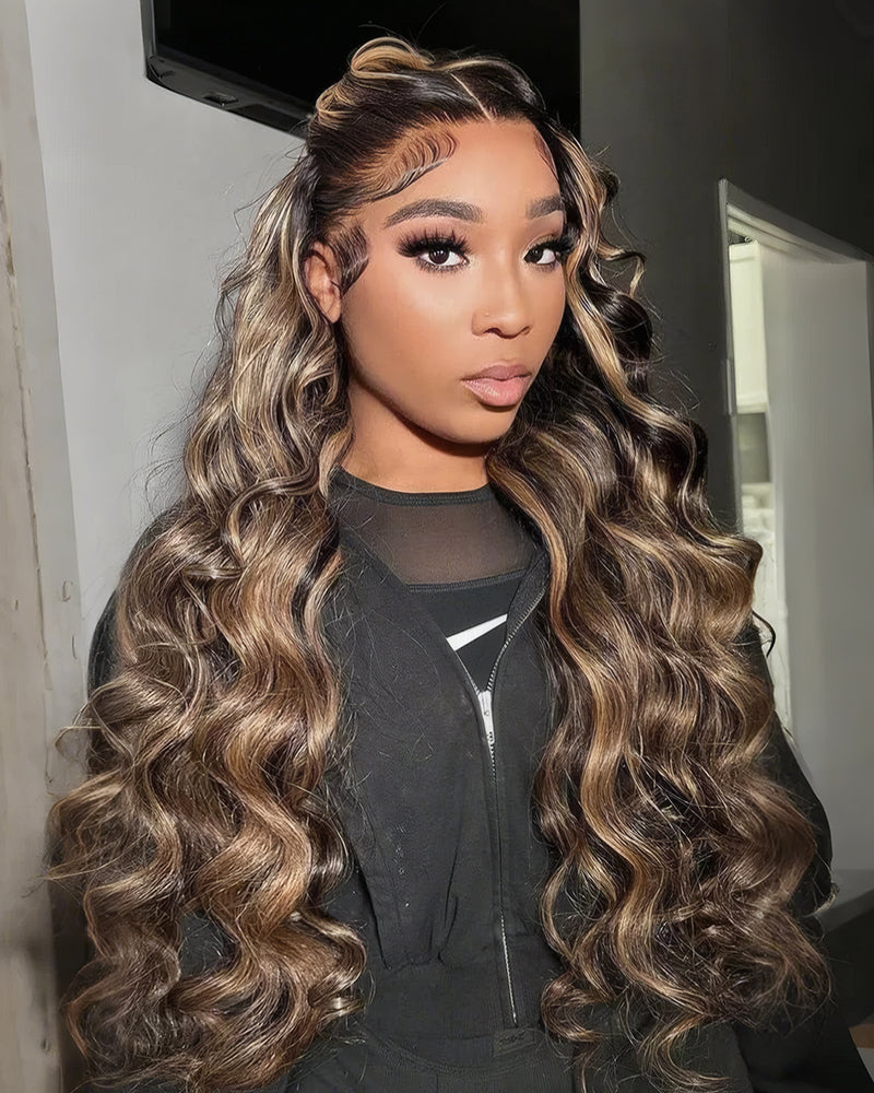 24" = $169 | 6x5 Inches Invisible knots Glueless Balayage Highlight Colored Wig Loose Deep Wave Wig Pre-cut Lace Beginner Friendly