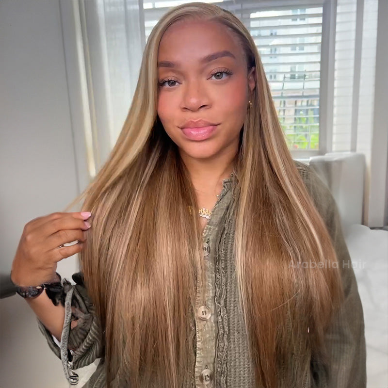 Arabella 6x5 Invisible Knots & 13x4 Frontal Lace Blonde Khaki Highlight Straight Wig Invisible Knots Realistic Hairline
