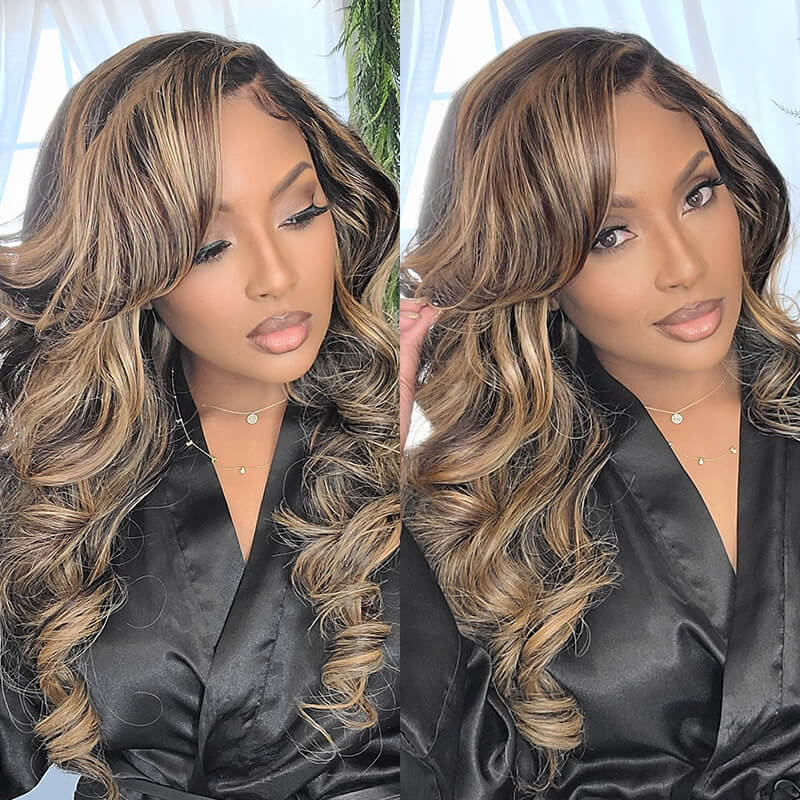 Balayage 13x4 Lace Front Body Wave Wig Highlights Colored High Density Human Hair Wigs