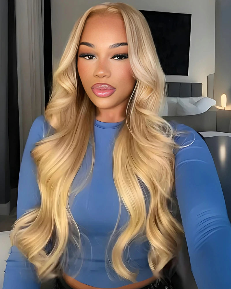 Arabella 13x6 Three-Go™ Extra Long Blonde Khaki Highlight Glueless Loose Body Wave With Drawstring 100% Human Hair Wig
