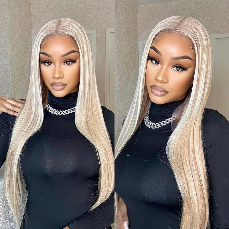 30" Glueless 6x5 Lace Brown Wig with Blonde Highlights Natural Straight/Body Wave Human Hair Wigs Beginner Friendly