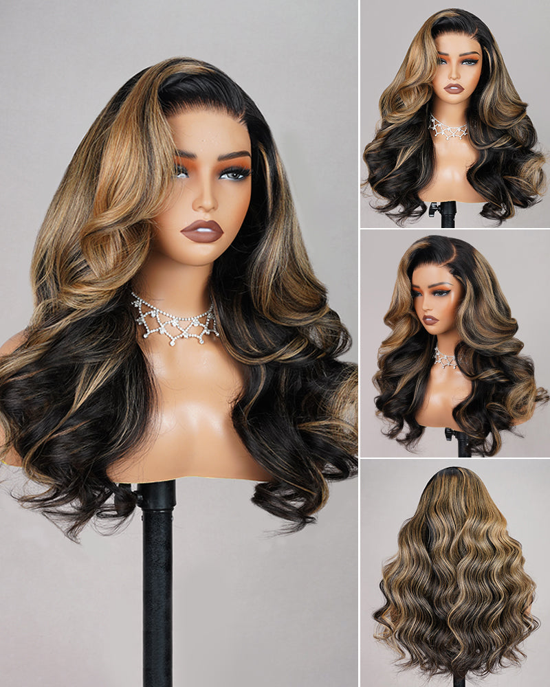 00024"=$195 | Champagne Gold Highlights Colored Loose Body Wave Pre-Cut 6x5 Glueless Lace Human Hair Wig