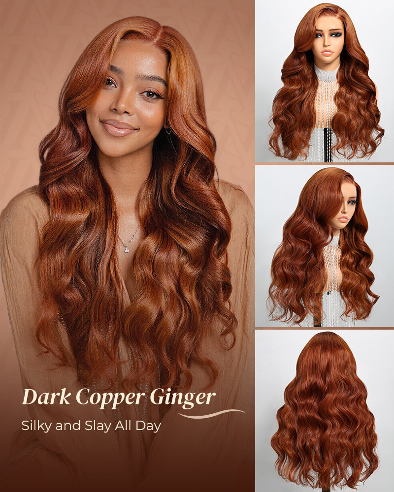 Woman Wearing Dark Copper Ginger Glueless Wig
