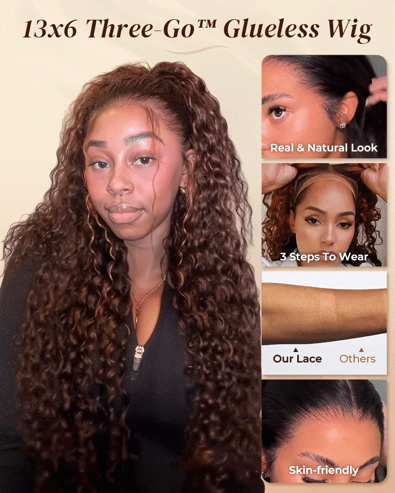 Arabella 13x6 Three-Go™ Chocolate Brown Glueless Wig Water Wave With Drawstring 100% Human Hair Wig