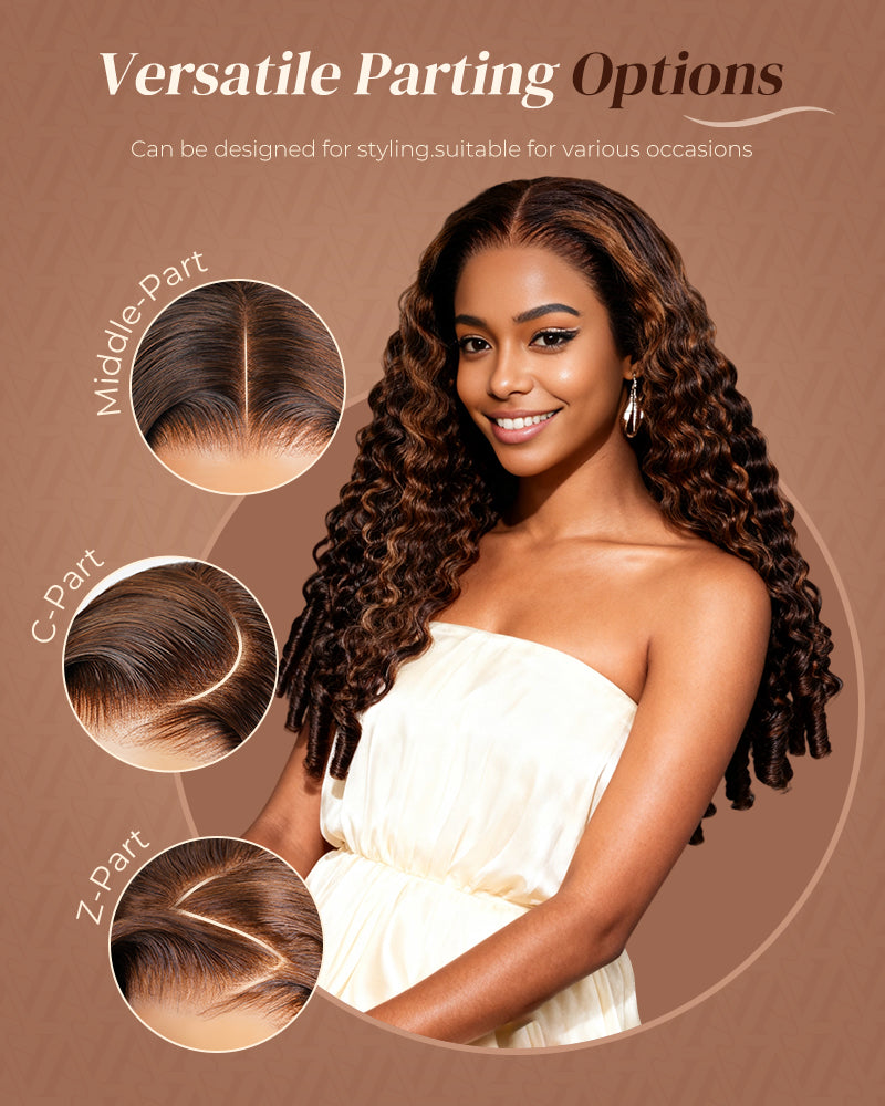 Dark Brown With Highlights Water Wave With Finger Coil Ends Wigs