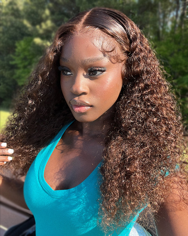 Pure-Luxe™ Dark Brown Colored Water Wave Pre-Cut 13x6 Lace Ultra-Dense Glueless Human Hair Wig