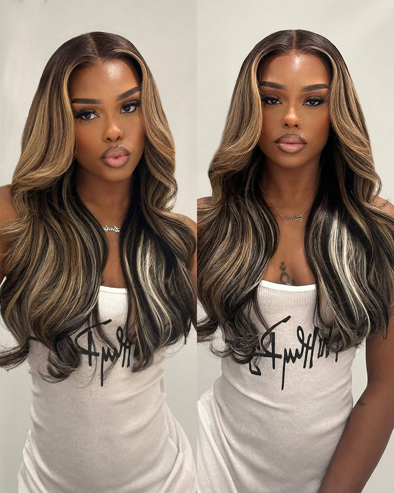 Black woman wearing platinum blonde ombre loose body wave human hair wig styled elegantly.