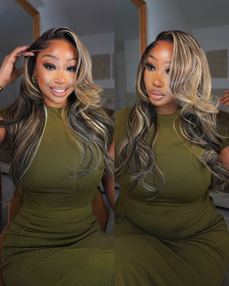 Woman modeling platinum blonde ombre loose body wave wig from various angles for styling ideas.