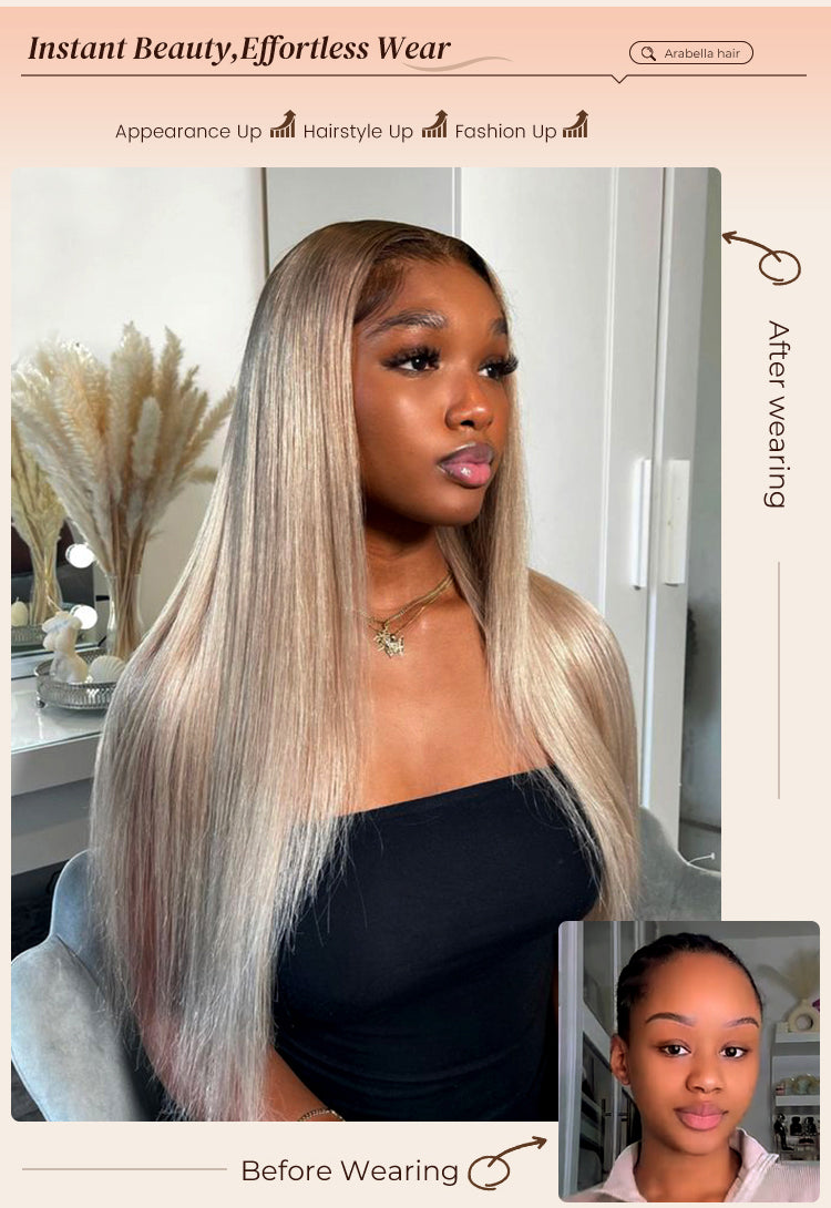 Before and After Woman Wear Long Straight Wig