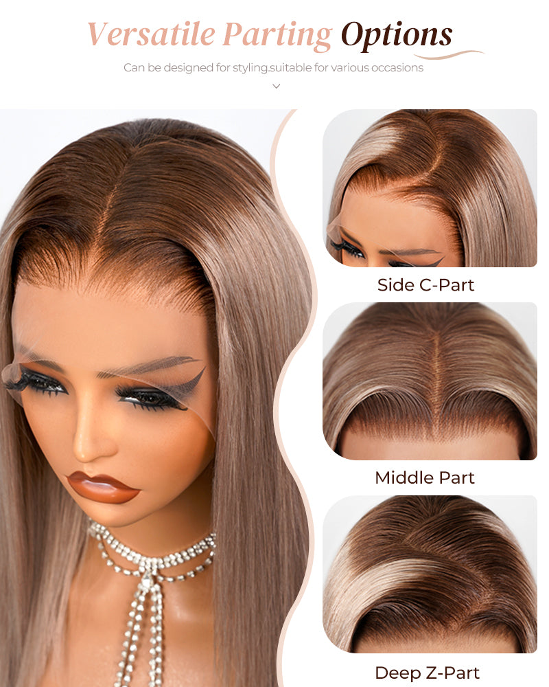 Ash Blonde with Dark Roots Ombre Color Blowout In Wavy 13x4 Lace Front Human Hair Wig Free Part