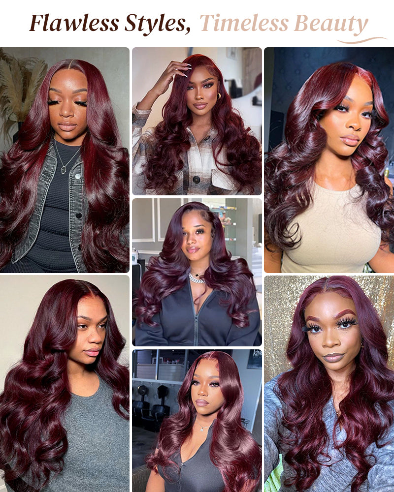 【$299 = 2 WIGS】Arabella 13x4 Frontal Lace Dark Plum Body Wave Wig Invisible Knots Realistic Hairline