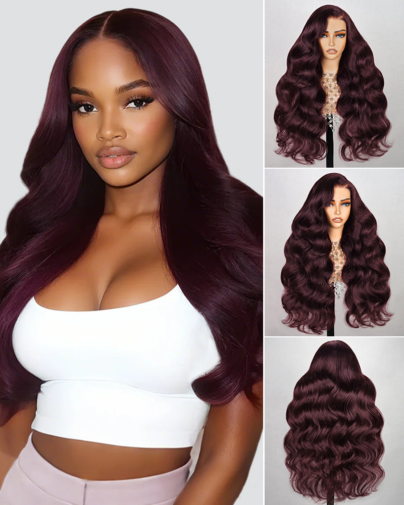 Arabella 13x6/13x4/6x5 Glueless Wig Dark Plum Body Wave Wig Invisible Knots Realistic Hairline