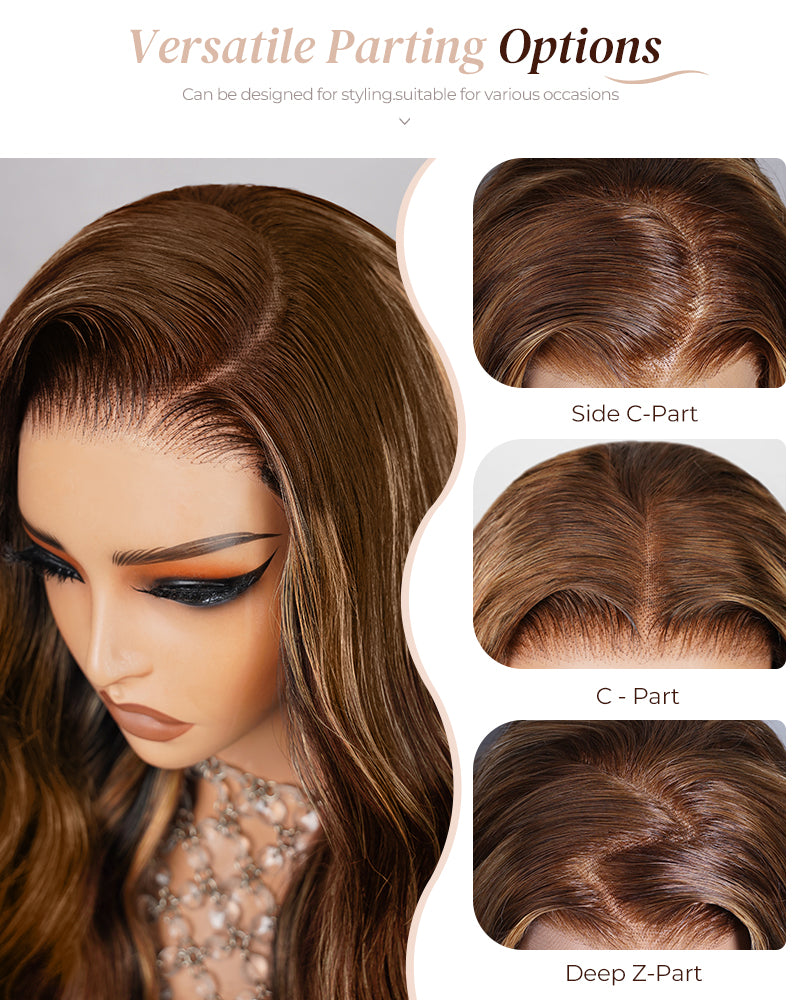 Arabella 6x5/13x6 Glueless Wig Brown Ombre Highlights Loose Body Wave Wig Pre-cut Lace Beginner Friendly