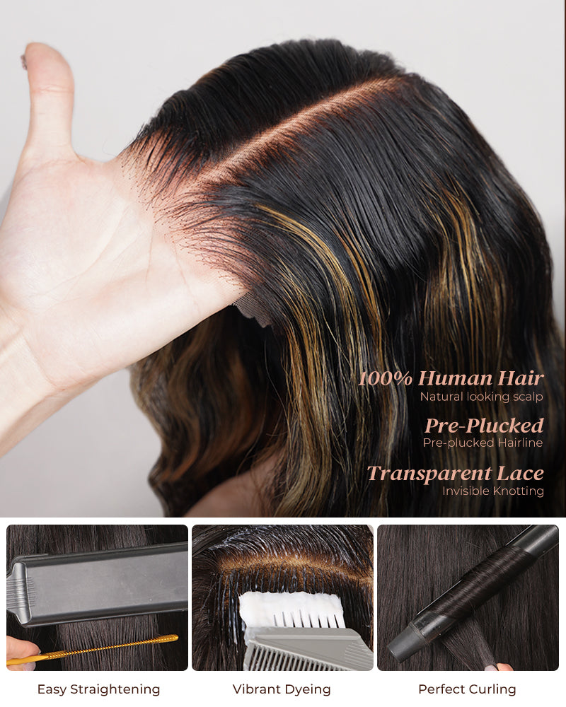 00024"=$195 | Champagne Gold Highlights Colored Loose Body Wave Pre-Cut 6x5 Glueless Lace Human Hair Wig