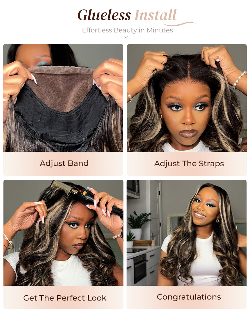 00024"=$195 | Champagne Gold Highlights Colored Loose Body Wave Pre-Cut 6x5 Glueless Lace Human Hair Wig