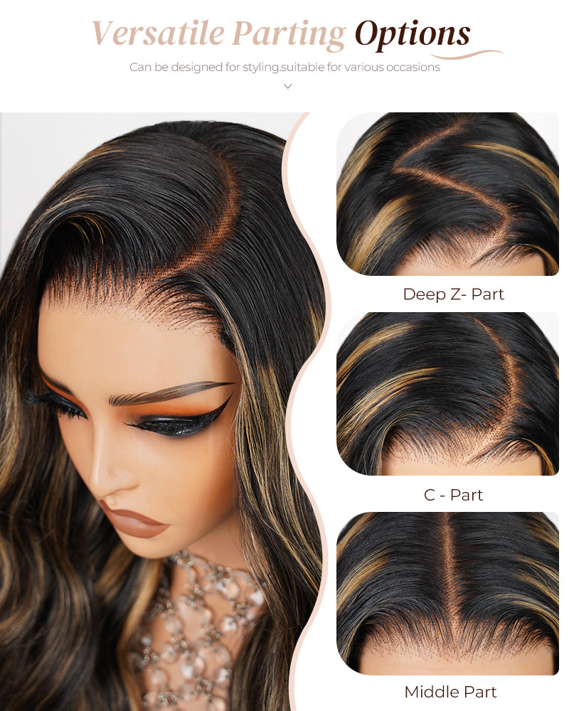 00024"=$195 | Champagne Gold Highlights Colored Loose Body Wave Pre-Cut 6x5 Glueless Lace Human Hair Wig