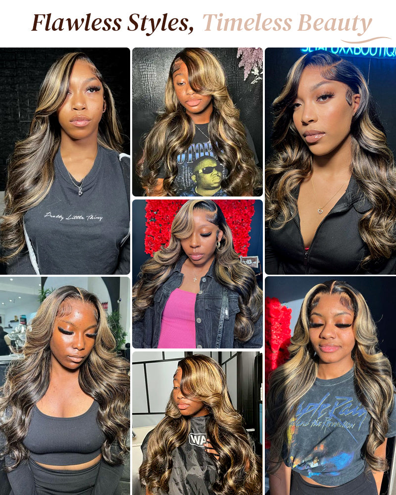 00024"=$195 | Champagne Gold Highlights Colored Loose Body Wave Pre-Cut 6x5 Glueless Lace Human Hair Wig