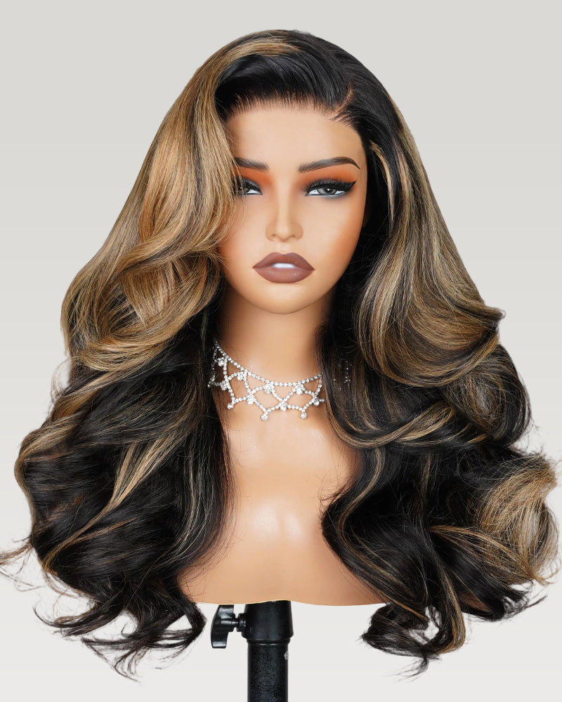 00024"=$195 | Champagne Gold Highlights Colored Loose Body Wave Pre-Cut 6x5 Glueless Lace Human Hair Wig 26
