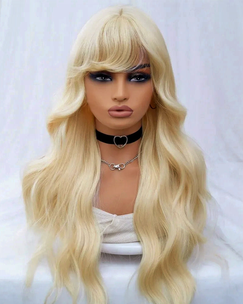 000613 Blonde Glueless 3x2 Lace Wig Body Wave Color Wigs With Bangs High Quality 100% Human Remy Hair