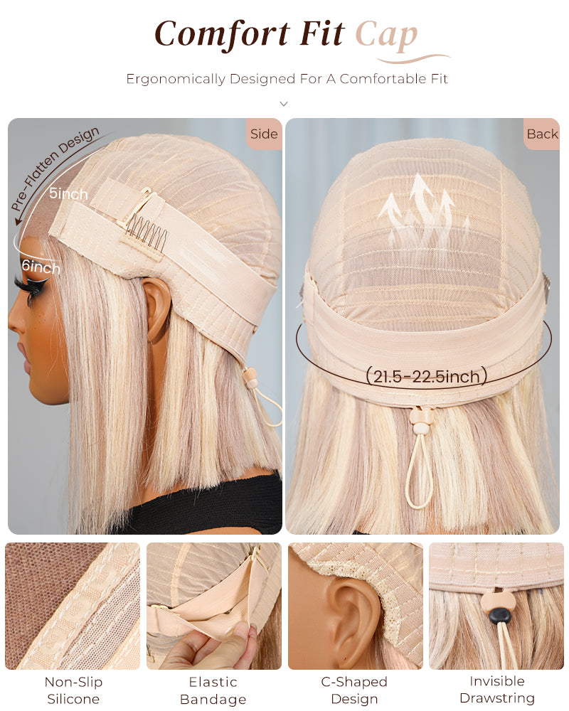Arabella 6x5 invisible knots Glueless Ash Blonde Ombre Straight Bob Wig Pre-cut Lace Beginner Friendly