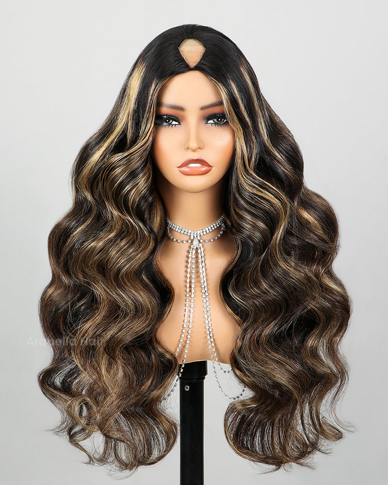 Arabella V-Part Lace Glueless Balayage Highlight Body Wave Wig Invisi Drawstring Clip & Go