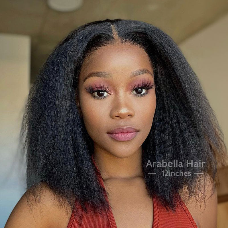 Glueless Yaki Straight Short Bob Style 5x5 Lace Closure Wig Natural Black Human Hair Wigs